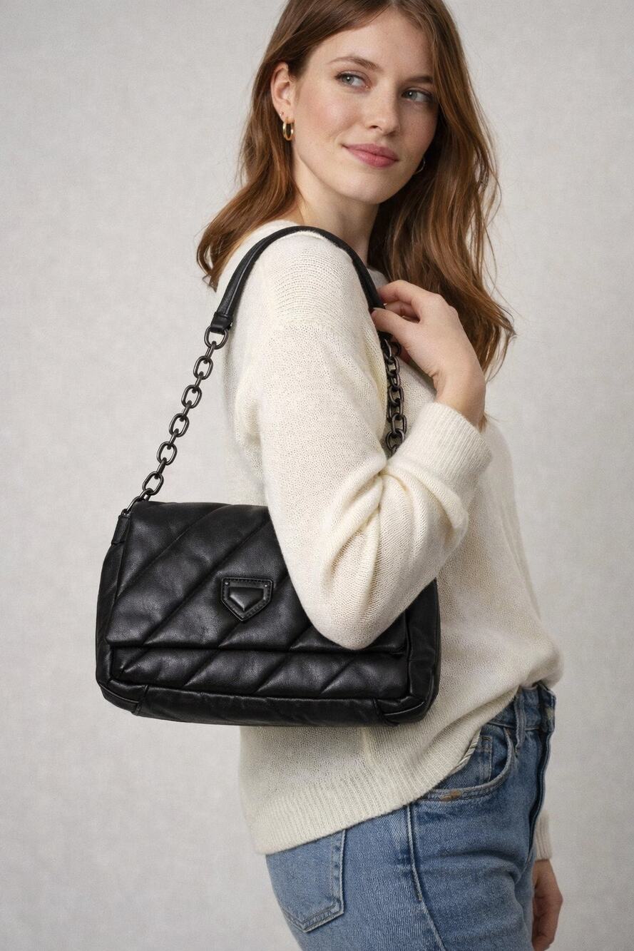 Chico’s Black Quilted Gunmetal Chain Crossbody Shoulder Puffer Bag 11x7”